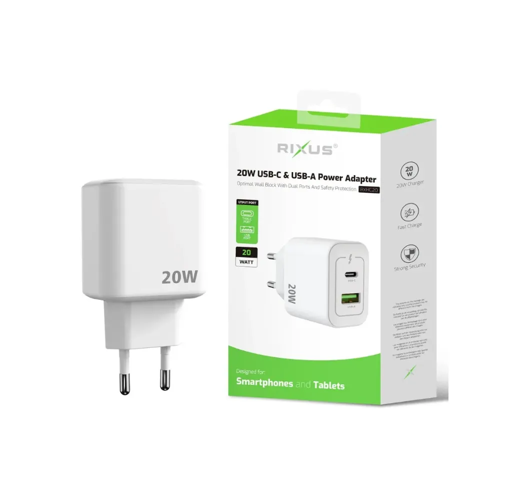 [RXHC20] Rixus RXHC20 USB-C, USB-A Power Adapter 20W White
